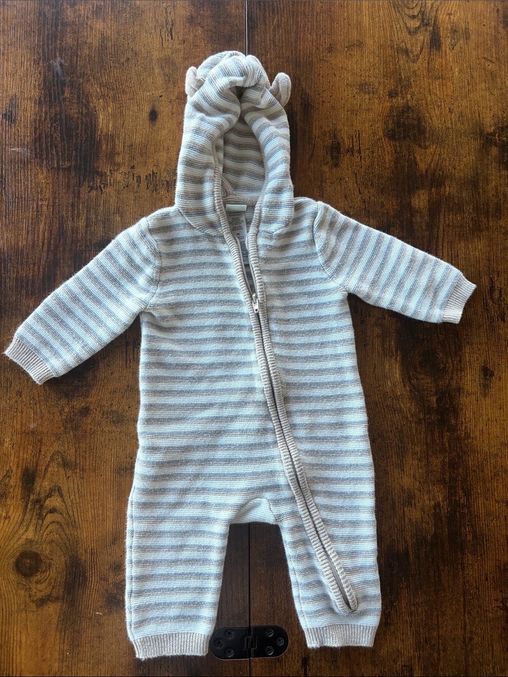 Little Me Striped Hooded One-Piece in Light Gray and Cream